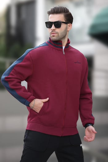 Bordo Yarım Balıkçı Yaka Fermuarlı Baskılı Erkek Hırka 7081