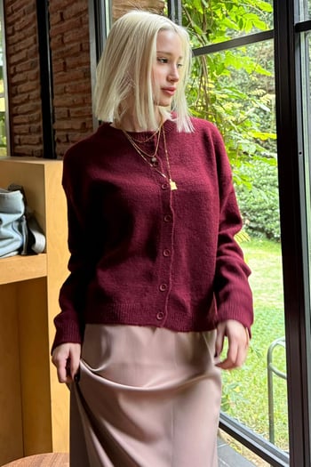 Bordo Rahat Kalıp Düğmeli Triko Kadın Hırka MG2552