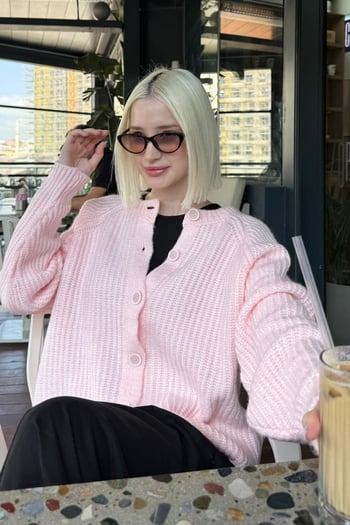Pembe Bisiklet Yaka Selanik Örgü Düğmeli Kadın Hırka Mg2487
