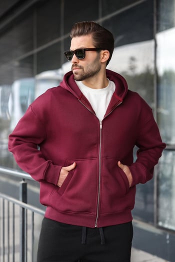 Bordo Fermuarlı Kapüşonlu Erkek Hırka E7174