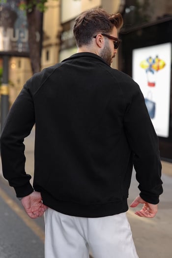 Siyah Fermuarlı Dik Yaka Basic Erkek Hırka E7199