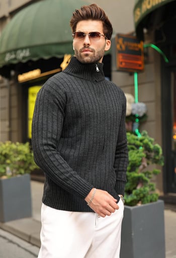 Antrasit Çift Fermuarlı Slim Fit Çizgili Erkek Triko Hırka E7522
