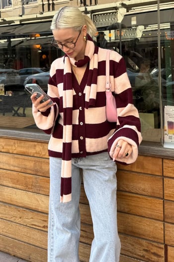 Pembe Çizigli Atkılı Kadın Triko Hırka MG2588