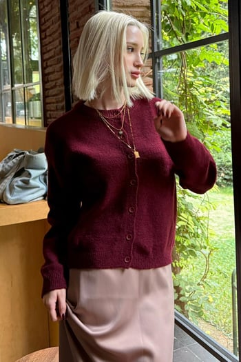 Bordo Rahat Kalıp Düğmeli Triko Kadın Hırka MG2552