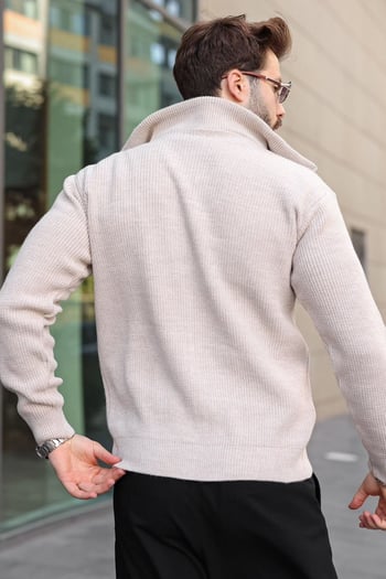 Taş Rengi Fermuarlı Dik Yaka Erkek Triko Hırka E7529