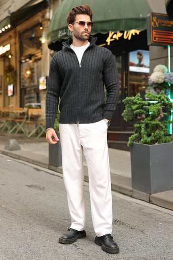 Antrasit Çift Fermuarlı Slim Fit Çizgili Erkek Triko Hırka E7522