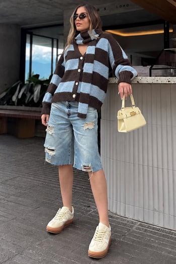 Kahverengi Çizigli Atkılı Kadın Triko Hırka MG2588