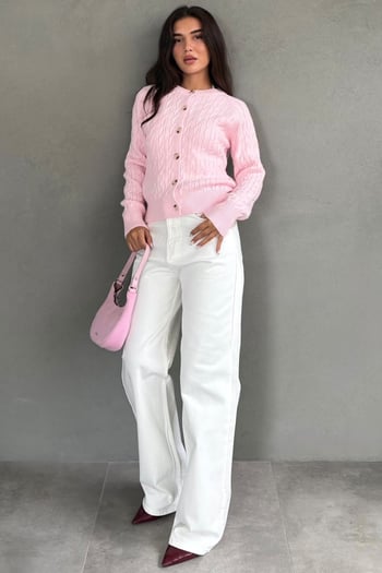 Pembe Bisiklet Yaka Örgü Desenli Kadın Hırka MG2899