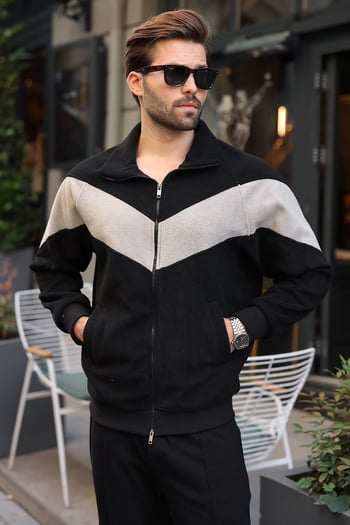 Siyah Şerit Detaylı Regular Fit Erkek Polar Hırka E7191
