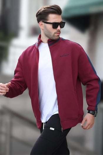 Bordo Yarım Balıkçı Yaka Fermuarlı Baskılı Erkek Hırka 7081