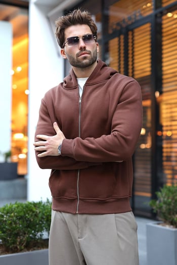 Acı Kahve Şardonlu Kapüşonlu Erkek Sweat Hırka E7219