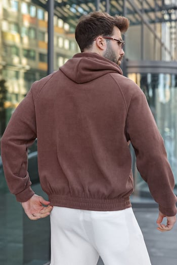 Kahverengi Kapüşonlu Çift Fermuarlı Kadife Erkek Hırka E7195
