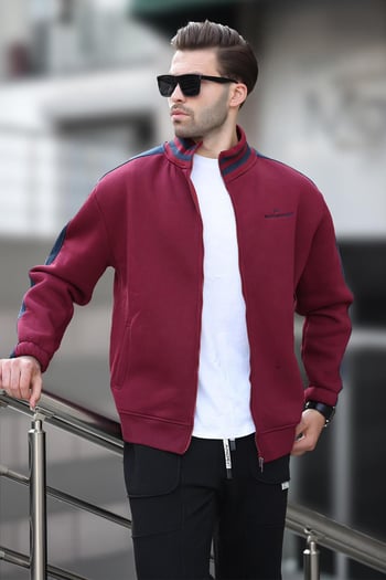 Bordo Yarım Balıkçı Yaka Fermuarlı Baskılı Erkek Hırka 7081