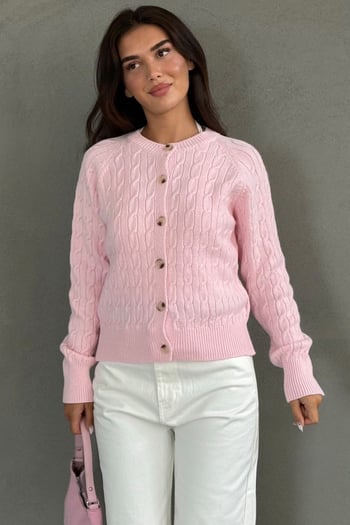 Pembe Bisiklet Yaka Örgü Desenli Kadın Hırka MG2899