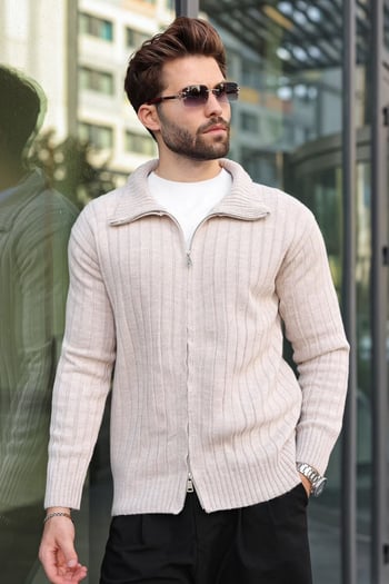 Taş Rengi Çift Fermuarlı Slim Fit Çizgili Erkek Triko Hırka E7522