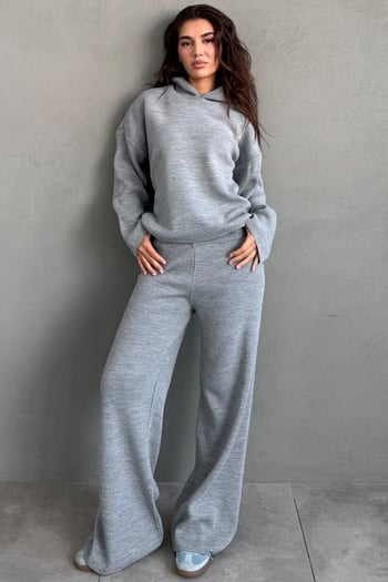 Gri Kapüşonlu Kadın Triko Takım MG2892