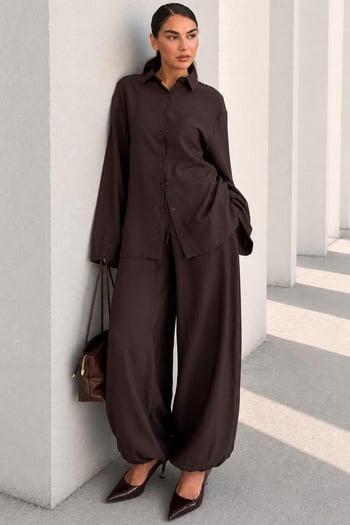 Kahverengi Oversize Gömlek Balon Pantolon Kadın Takım MG2779