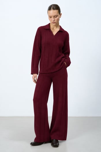 Bordo Rahat Kesim Dikiş Detaylı Kadın Triko Takım MG2584