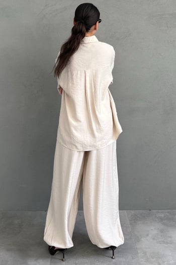Bej Oversize Gömlek Balon Pantolon Kadın Takım MG2779