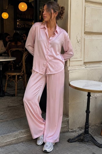 Pembe Saten Gömlek Pantolon Takım MG2745