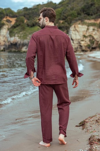 Bordo Rahat Kesim Keten Erkek Gömlek Pantolon Takım E7362