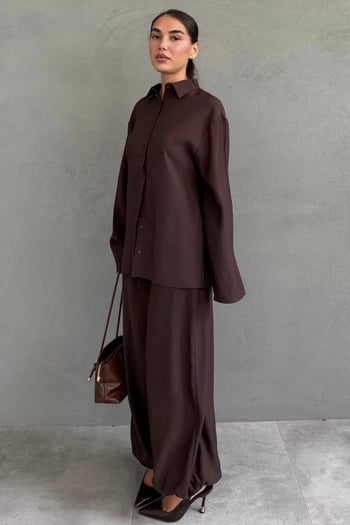 Kahverengi Oversize Gömlek Balon Pantolon Kadın Takım MG2779