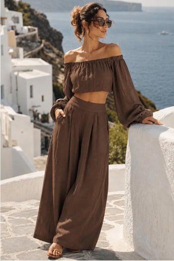 Acı Kahve Madonna Yaka Bluz Bol Paça Pantolon Kadın Takım MG2863