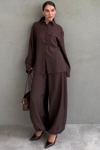 Kahverengi Oversize Gömlek Balon Pantolon Kadın Takım MG2779