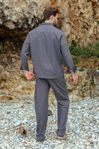 Füme Rahat Kesim Keten Erkek Gömlek Pantolon Takım E7362