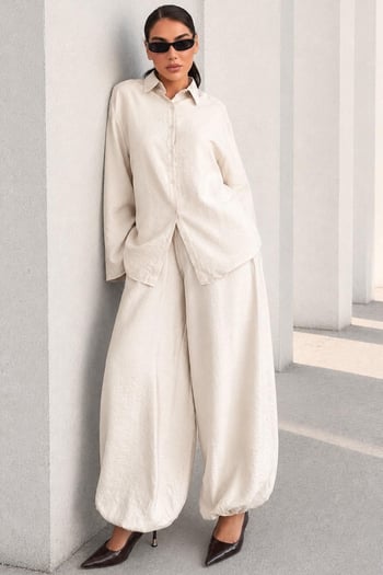 Bej Oversize Gömlek Balon Pantolon Kadın Takım MG2779