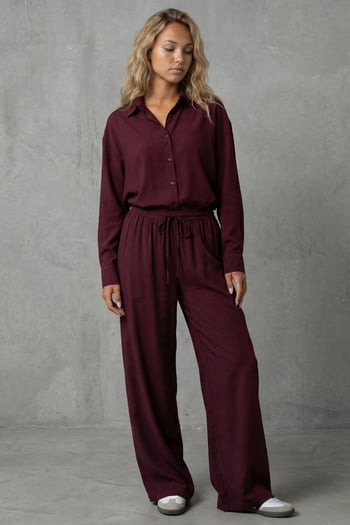 Bordo Basic Kadın Gömlek Pantolon İkili Takım Mg2352