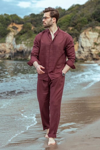 Bordo Rahat Kesim Keten Erkek Gömlek Pantolon Takım E7362