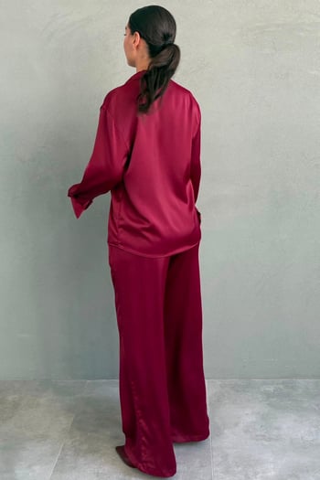 Bordo Saten Gömlek Pantolon Takım MG2745