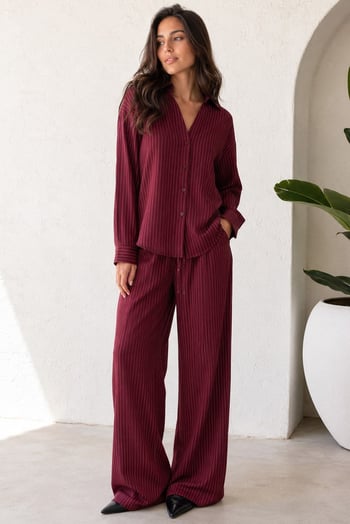 Bordo Uzun Kollu Çizgili Gömlek Pantolon İkili Takım MG2329