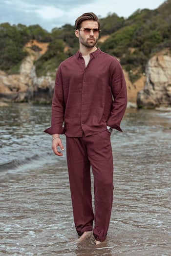 Bordo Rahat Kesim Keten Erkek Gömlek Pantolon Takım E7362