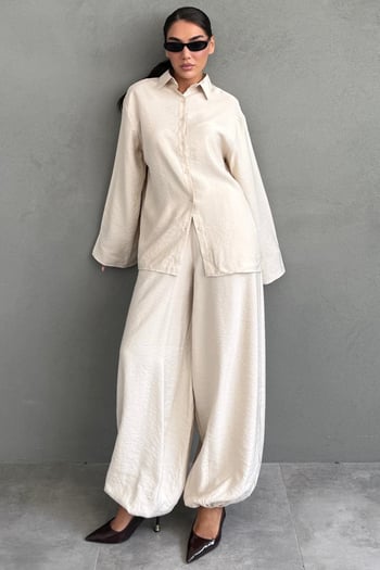 Bej Oversize Gömlek Balon Pantolon Kadın Takım MG2779
