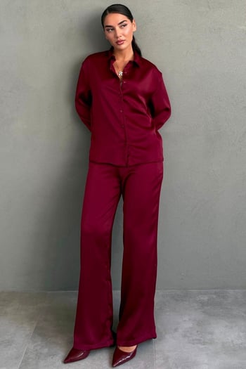 Bordo Saten Gömlek Pantolon Takım MG2745