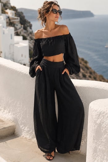 Siyah Madonna Yaka Bluz Bol Paça Pantolon Kadın Takım MG2863