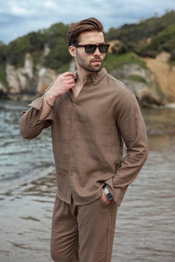 Kahverengi Rahat Kesim Keten Erkek Gömlek Pantolon Takım E7362