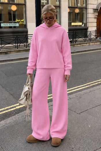 Pembe Kapüşonlu Kadın Triko Takım MG2892