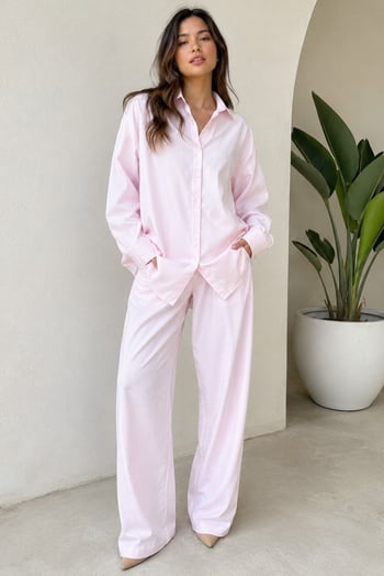 Pembe Uzun Kollu Çizgili Gömlek Pantolon İkili Takım MG2124