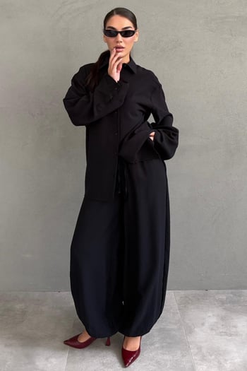 Siyah Oversize Gömlek Balon Pantolon Kadın Takım MG2779