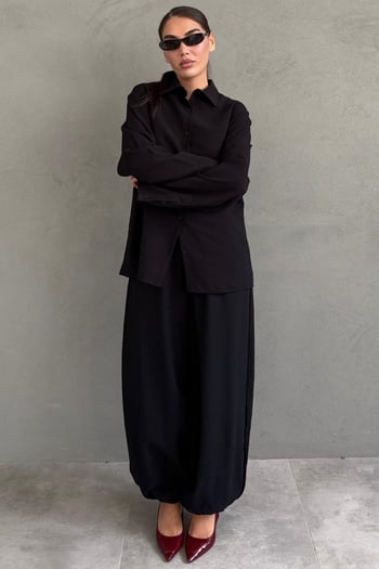 Siyah Oversize Gömlek Balon Pantolon Kadın Takım MG2779