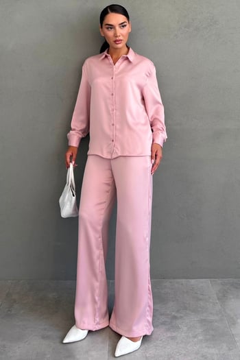 Pembe Saten Gömlek Pantolon Takım MG2745