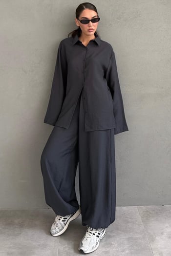 Füme Oversize Gömlek Balon Pantolon Kadın Takım MG2779