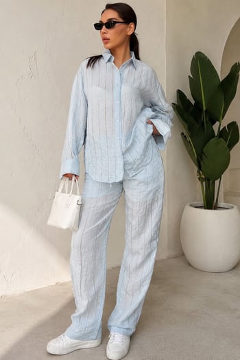 Bebe Mavisi Transparan Relax Fit Çizgili Takım MG2740