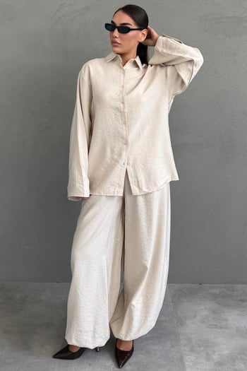 Bej Oversize Gömlek Balon Pantolon Kadın Takım MG2779