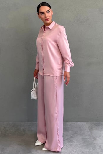 Pembe Saten Gömlek Pantolon Takım MG2745