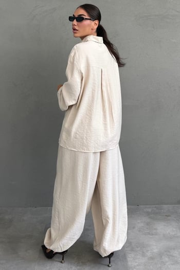 Bej Oversize Gömlek Balon Pantolon Kadın Takım MG2779