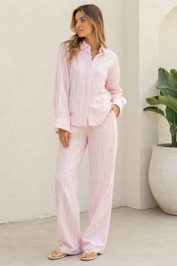 Pembe Transparan Relax Fit Çizgili Takım MG2740
